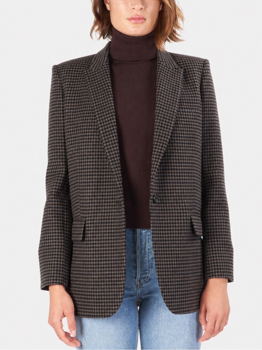Nili Lotan Wool Single Button Structured Fall Houndstooth Blazer
